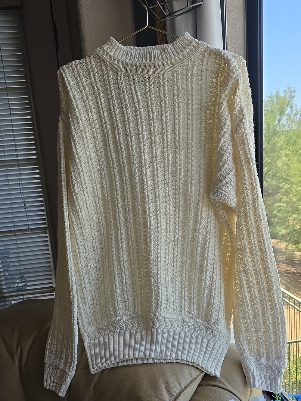 Anchor Blue Cream Chunky Open Knit Ribbed Sweater High Neck Large